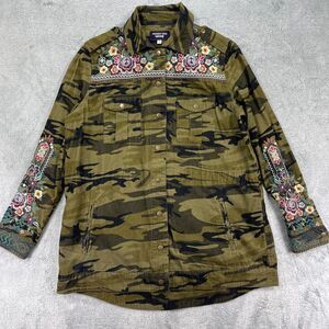 Johnny Was Workshop Corduroy Shacket S Women Green Camouflage Embroidered Floral